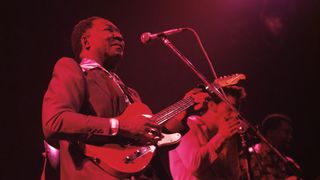 Muddy Waters performs live on stage playing a Fender Telecaster guitar at the New Victoria Theatre, during the Newport Jazz Festival in London on October 30, 1976.