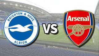 The Brighton &amp; Hove Albion and Arsenal club badges on top of a photo of The Amex Stadium in Brighton, England