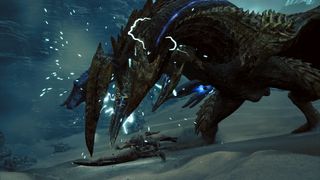 Promotional screenshot of a player being attacked by Rey Dau in Monster Hunter Wilds