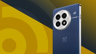 OnePlus 13 in blue on yellow TechRadar background