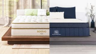 The image shows the Saatva Classic mattress on the left and the Brooklyn Bedding Signature Hybrid on the right in a side by side comparison