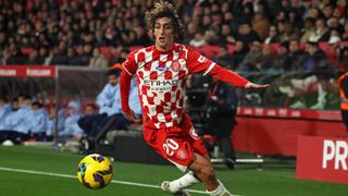 Bryan Gil of Girona FC in action ahead of the Girona vs Liverpool live stream