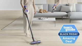 Woman hoovering with the Dyson V8 Plus