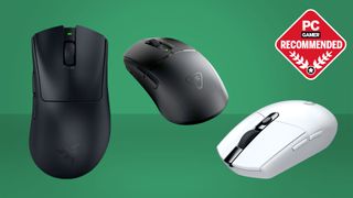 A collection of wireless gaming mice from Logitech, Razer, and Turtle Beach against a green gradient background, with a PC Gamer recommended logo in the corner