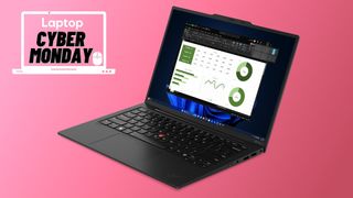 Lenovo ThinkPad X1 Carbon (gen 12) laptop with the Laptop Mag Cyber Monday deal badge on a red to pink gradient background.