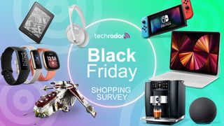 A selection of tech devices including Amazon Kindle, Bose QuietComfort headphones, Amazon Echo, Apple iPad and Nintendo Switch on a green-purple background. In the center are the words &#039;Black Friday Shopping Survey&#039;