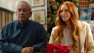 From left to right: John Ramsey sitting at a table in Cold Case: Who Killed JonBenet Ramsey and Lindsay Lohan smiling in Our Little Secret.