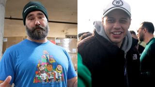 Jason Kelce stands in a warehouse of gifts, pictured next to Pete Davidson standing outside in a crowd. 