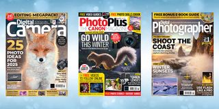 Front covers of Digital Camera, PhotoPlus and Digital Photographer magazines on a blue snowy background