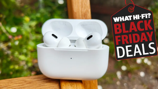 AirPods Pro 2 in garden with Black Friday graphic