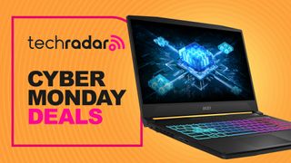 The MSI Katana 15 laptop on an orange background with the text &#039;techradar cyber monday deals&#039;