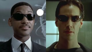 Will Smith smiles while wearing sunglasses in Men in Black, pictured next to Keanu Reeves looking more serious in sunglasses in The Matrix. 