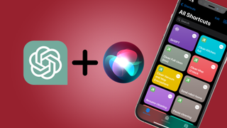 ChatGPT logo next to a &#039;+&#039; symbol, the Siri logo and an iPhone with the Shortcuts app open