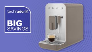 Smeg BCC12 coffee maker on purple background with white text reading &quot;TechRadar Big Savings&quot;