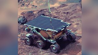 a rover with six wheels and a large solar panel on top on the surface of Mars. 