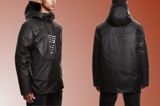 An image of two people wearing a DRKN Void puffer jacket, showing how a keyboard fits in one of the pockets