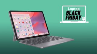 Lenovo Chromebook Duet 11 Gen 9 on a green gradient background with a Black Friday deals badge