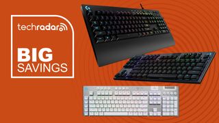 Logitech keyboards against an orange TechRadar background