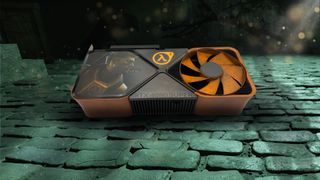 A custom wrapped Nvidia RTX 4080 graphics card with Half-Life 2 logo and Gordon Freeman.