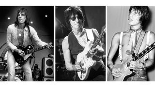 Left to right, Jeff Beck playing: the ‘Oxblood’, his 1954 Gibson Les Paul, Crystal Palace Garden Party, September 1973; playing his Fender Custom Shop White Stratocaster, known as ‘Anoushka’, in 2013; and playing the ‘Yardburst’, his 1959 Gibson Les Paul, at The Fillmore West, July 1968, on tour with The Jeff Beck Group 