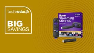 The Roku Streaming Stick 4K on a yellow background with text saying Big Savings.