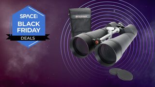 A pair of Celestron SkyMaster 25x100 binoculars, next to a Space Black Friday Deals badge.