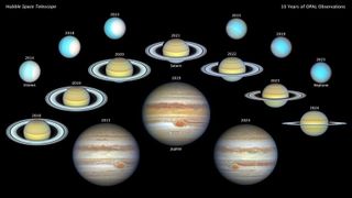 Montage of NASA Hubble Space Telescope views of our solar system&#039;s four giant outer planets: Jupiter, Saturn, Uranus, and Neptune, each shown in enhanced color. 