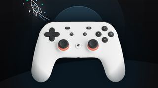 Google Stadia controller with a rocketship flying away above it