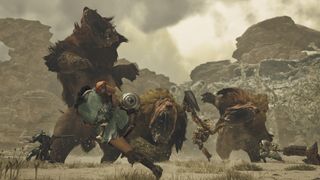 Promotional screenshot of players hunting a pack of Doshaguma in Monster Hunter Wilds