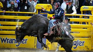 Bull Rider Josh Frost rode Half Cocked during Round 3 of the National Finals Rodeo NFR at the Thomas &amp; Mack Center on December 7, 2024 in Las Vegas, Nevada. (Photo by John Pyle/Getty Images)