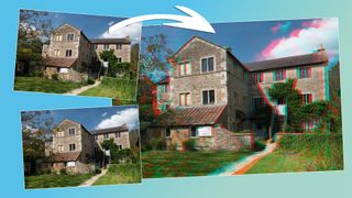 Two images of a country home and garden (left) used to create a 3D anaglyph (right) on a blue to green gradient 