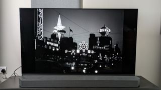 Godzilla (1954) image of buildings on OLED TV 