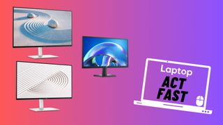 three Dell monitors on a pink to purple gradient background with an Act Fast deals banner in the lower-right corner