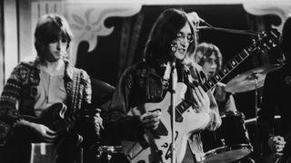 From left to right, Eric Clapton, John Lennon (1940 - 1980) and Keith Richards performing together at the Rolling Stones Rock And Roll Circus, Internel Studios in Stonebridge Park, Wembley, December 1968