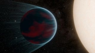 illustration of a dark bluish exoplanet orbiting very close to its host star