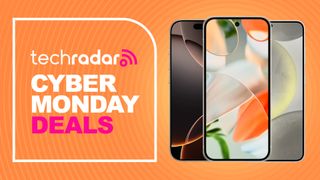 Assorted 2024 phones on orange background with techradar cyber monday deals text overlay