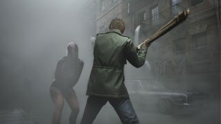 James swings a plank with a nail at a monster in the fog