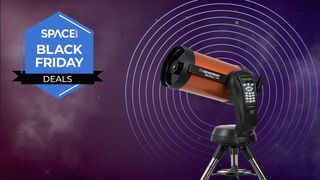 The Celestron NexStar 8SE telescope with orange tube and black keypad on a purple starry background with a blue space.com logo in the top left corner.