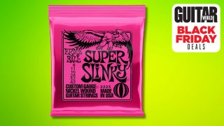 A pack of Ernie Ball Super Slinky guitar strings