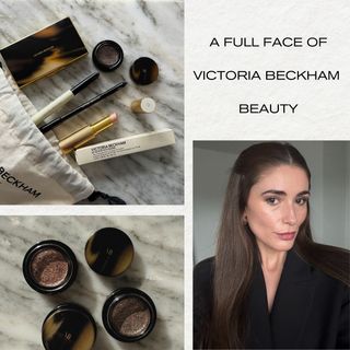 Graphic of review of Victoria Beckham Beauty makeup with selfie and product flatlays