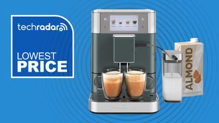 KitchenAid KF8 espresso machine on blue background with text reading &quot;TechRadar Lowest Price&quot;