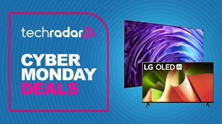 Samsung S95D and LG B4 on a blue background next to TechRadar Cyber Monday TV deals badge