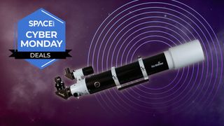 Sky-Watcher EvoStar 120 APO Doublet Refractor on a purple backgroun with a Space.com Cyber Monday deals badge.