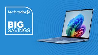 Microsoft Surface Laptop in sapphire on blue background with TechRadar big savings logo