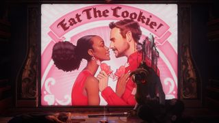 Judas screenshot - a happy couple about to kiss beneath a banner that says &quot;eat the cookie&quot;