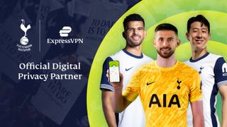 ExpressVPN and Tottenham Hotspurs logo next to players Heung-min Son, Dominic Solanke, and Guglielmo Vicario