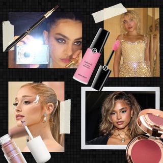 Collage of Tyla, Ariana Grande, Charli XCX, and Sabrina Carpenter with makeup products for Beauty&#039;s Night Out