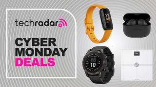 Garmin Fenix, smart scale, headphones, and fitbit on a grey background with the text cyber Monday deals