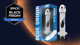 Estes Blue Origin New Shepard rocket on an orange planet background with a Space Black Friday badge