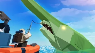 A roblox character catches a large green fish in the ocean